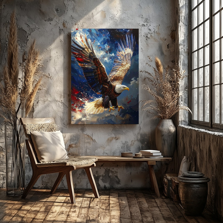 Majestic Bald Eagle in Flight Canvas – Red, White & Blue Streaks with Starry Sky - Gifitto