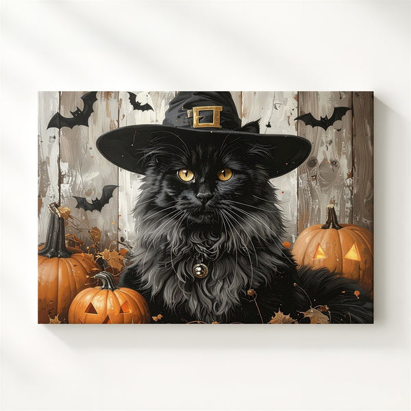 Majestic Witch Cat Canvas – Halloween Familiar with Pumpkins & Embers - Gifitto
