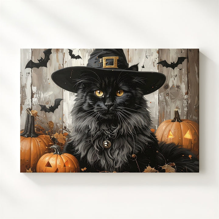 Majestic Witch Cat Canvas – Halloween Familiar with Pumpkins & Embers - Gifitto