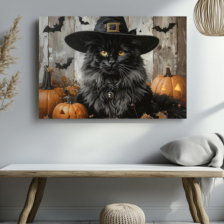 Majestic Witch Cat Canvas – Halloween Familiar with Pumpkins & Embers - Gifitto