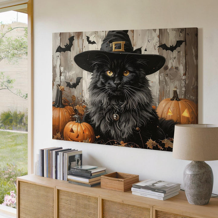 Majestic Witch Cat Canvas – Halloween Familiar with Pumpkins & Embers - Gifitto