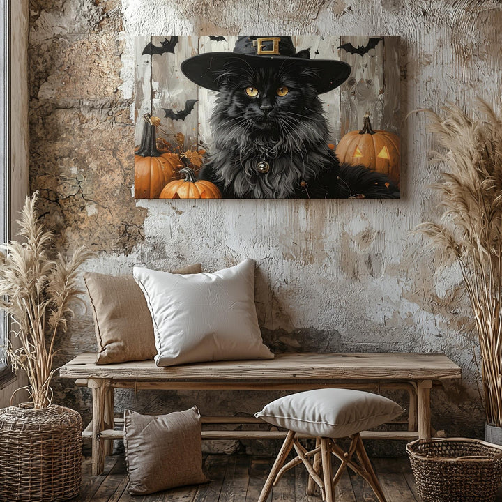 Majestic Witch Cat Canvas – Halloween Familiar with Pumpkins & Embers - Gifitto