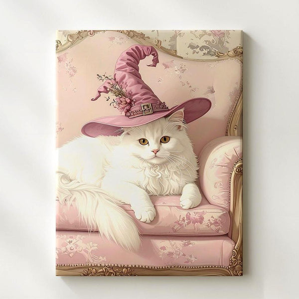 Pastel Witch Cat Canvas – Elegant White Cat on Vintage Pink Chair - Gifitto