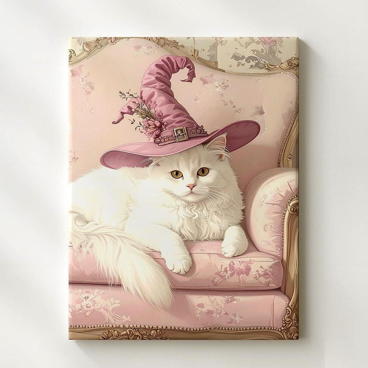 Pastel Witch Cat Canvas – Elegant White Cat on Vintage Pink Chair - Gifitto