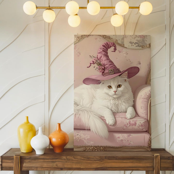 Pastel Witch Cat Canvas – Elegant White Cat on Vintage Pink Chair - Gifitto