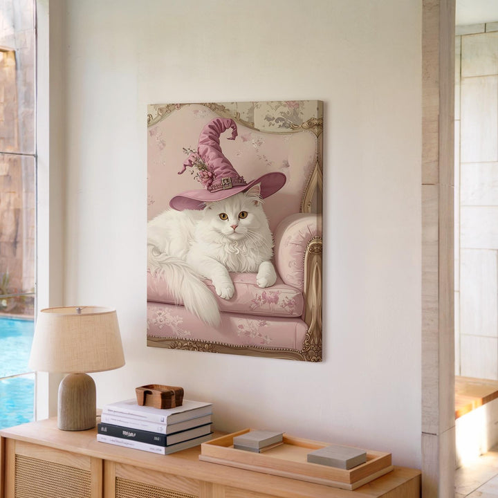 Pastel Witch Cat Canvas – Elegant White Cat on Vintage Pink Chair - Gifitto