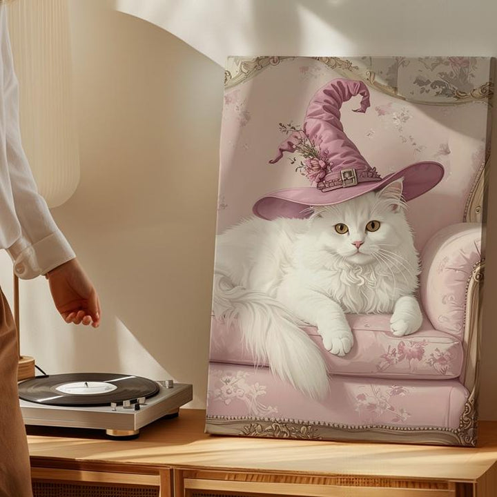 Pastel Witch Cat Canvas – Elegant White Cat on Vintage Pink Chair - Gifitto