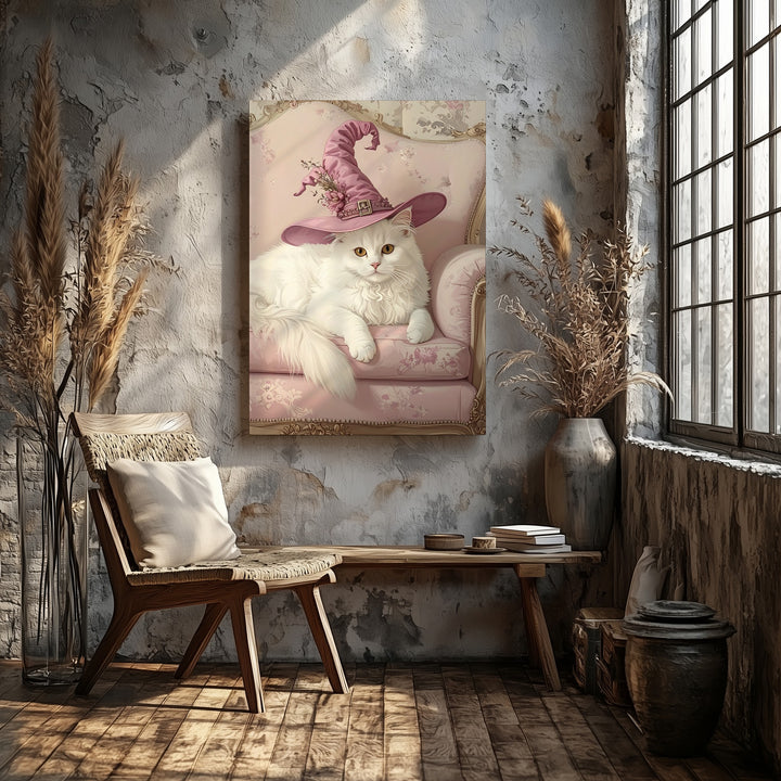 Pastel Witch Cat Canvas – Elegant White Cat on Vintage Pink Chair - Gifitto