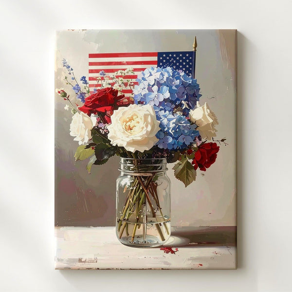 Patriotic Mason Jar Bouquet Canvas – Red, White & Blue Flowers with Flag - Gifitto