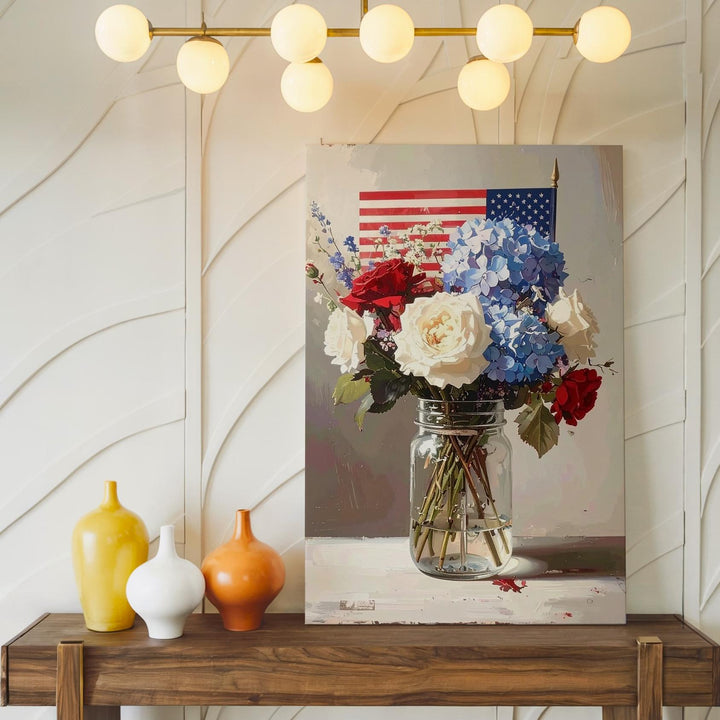 Patriotic Mason Jar Bouquet Canvas – Red, White & Blue Flowers with Flag - Gifitto