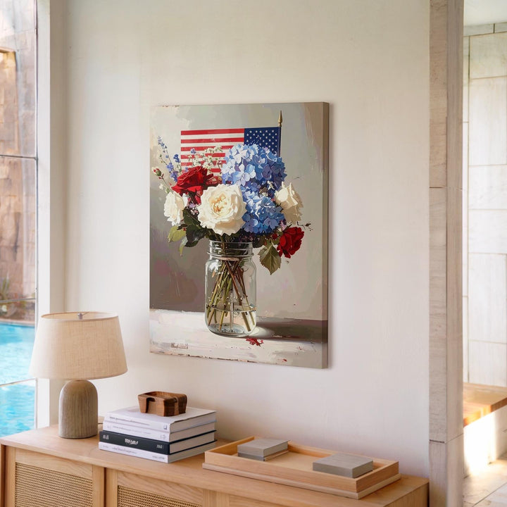 Patriotic Mason Jar Bouquet Canvas – Red, White & Blue Flowers with Flag - Gifitto