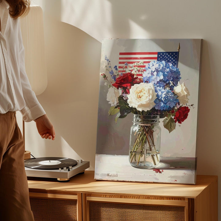 Patriotic Mason Jar Bouquet Canvas – Red, White & Blue Flowers with Flag - Gifitto