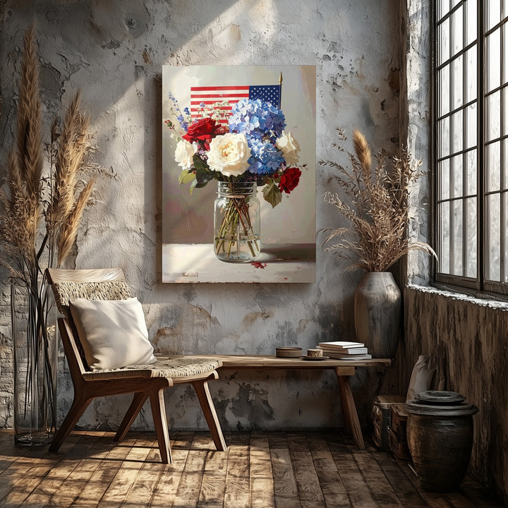 Patriotic Mason Jar Bouquet Canvas – Red, White & Blue Flowers with Flag - Gifitto
