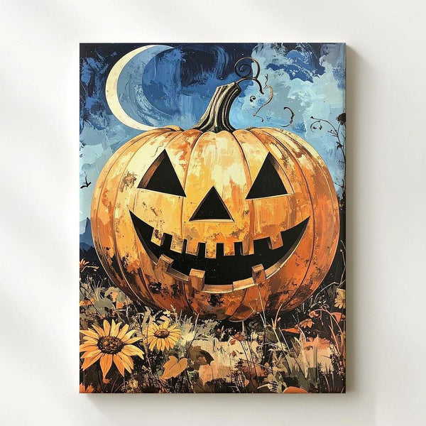 Grinning Jack-O’-Lantern Canvas – Rustic Halloween Folk Art Print - Gifitto