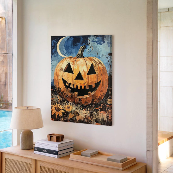 Grinning Jack-O’-Lantern Canvas – Rustic Halloween Folk Art Print - Gifitto