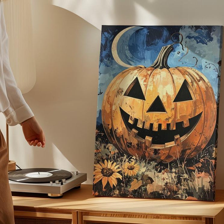 Grinning Jack-O’-Lantern Canvas – Rustic Halloween Folk Art Print - Gifitto
