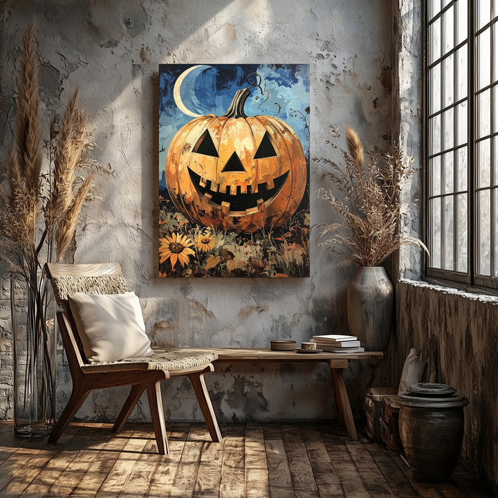 Grinning Jack-O’-Lantern Canvas – Rustic Halloween Folk Art Print - Gifitto