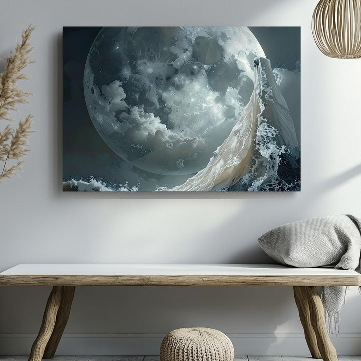 Veil of the Moon Canvas – Abstract Ghostly Wave & Celestial Halloween Art - Gifitto