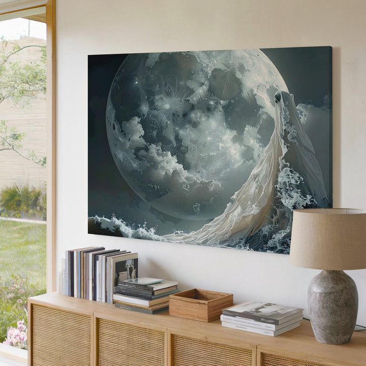 Veil of the Moon Canvas – Abstract Ghostly Wave & Celestial Halloween Art - Gifitto