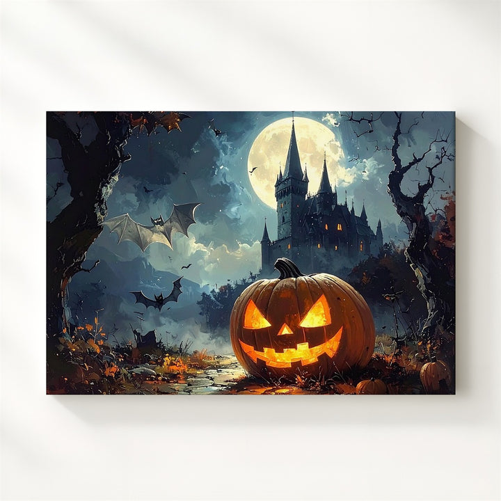 Giant Jack-o'-Lantern & Castle Canvas – Gothic Halloween Night Wall Art - Gifitto