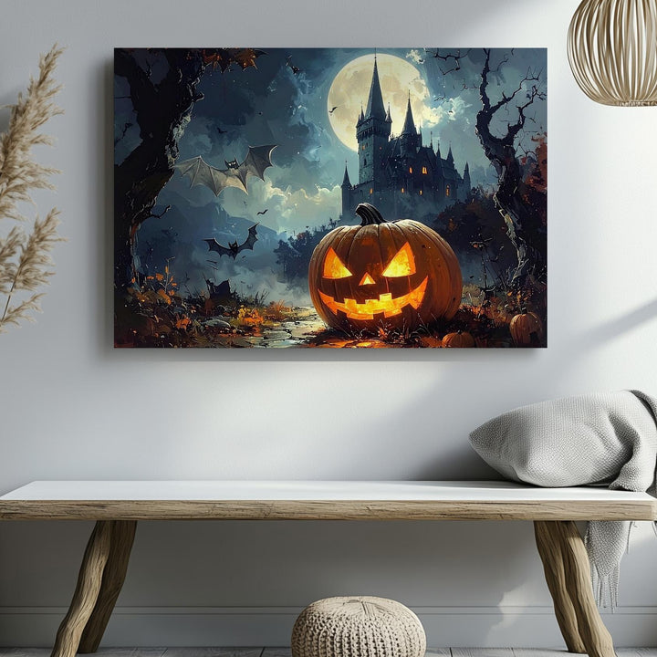 Giant Jack-o'-Lantern & Castle Canvas – Gothic Halloween Night Wall Art - Gifitto