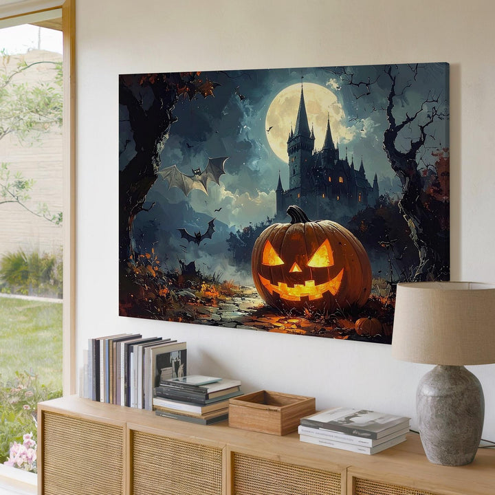 Giant Jack-o'-Lantern & Castle Canvas – Gothic Halloween Night Wall Art - Gifitto