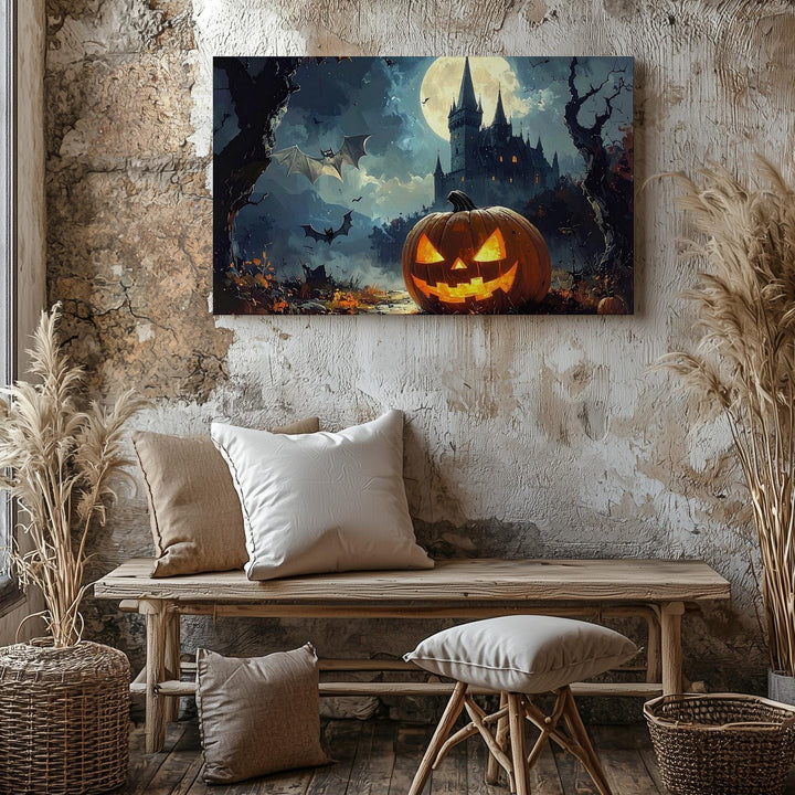 Giant Jack-o'-Lantern & Castle Canvas – Gothic Halloween Night Wall Art - Gifitto