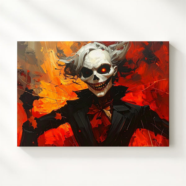Wicked Skeleton in Red Canvas – Fiery Gothic Halloween Mischief Art - Gifitto