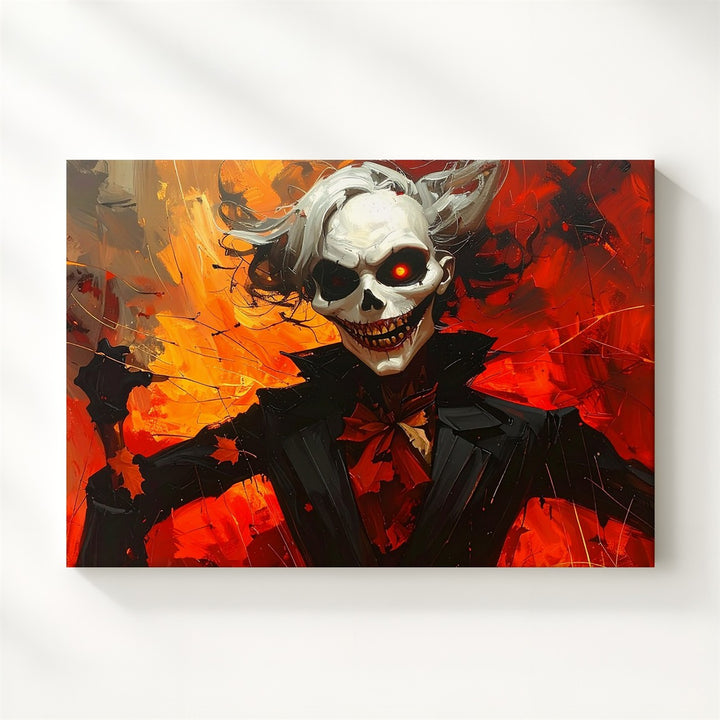 Wicked Skeleton in Red Canvas – Fiery Gothic Halloween Mischief Art - Gifitto