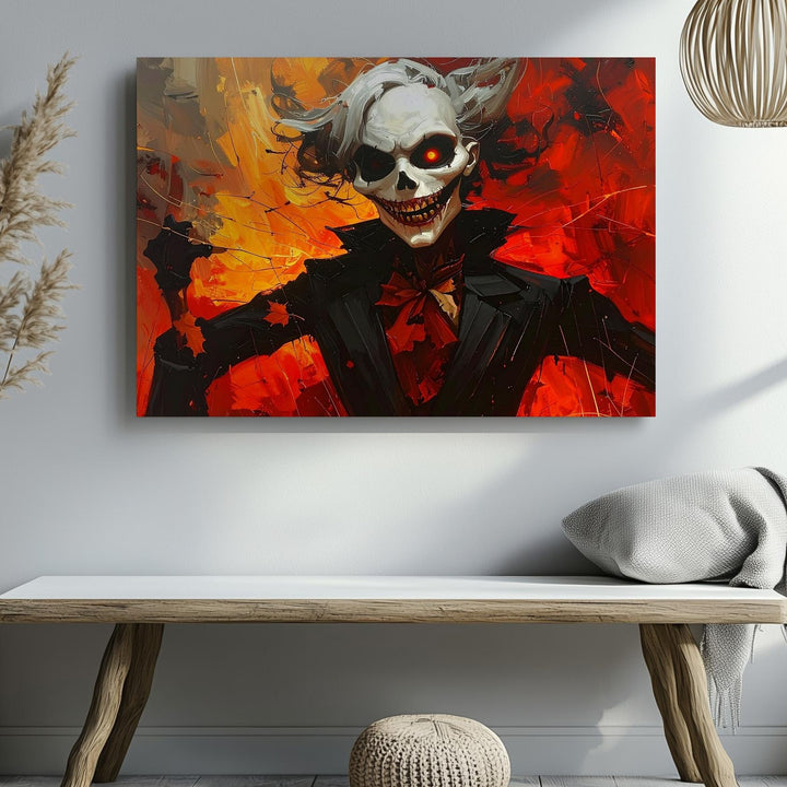 Wicked Skeleton in Red Canvas – Fiery Gothic Halloween Mischief Art - Gifitto