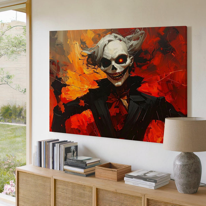 Wicked Skeleton in Red Canvas – Fiery Gothic Halloween Mischief Art - Gifitto