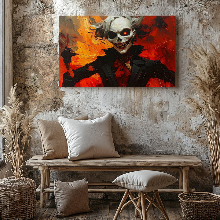 Wicked Skeleton in Red Canvas – Fiery Gothic Halloween Mischief Art - Gifitto