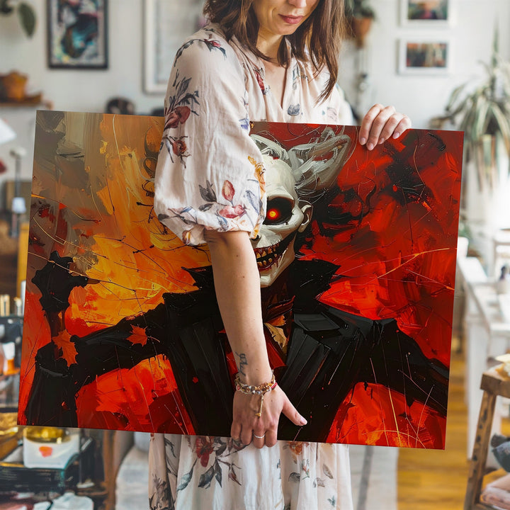 Wicked Skeleton in Red Canvas – Fiery Gothic Halloween Mischief Art - Gifitto