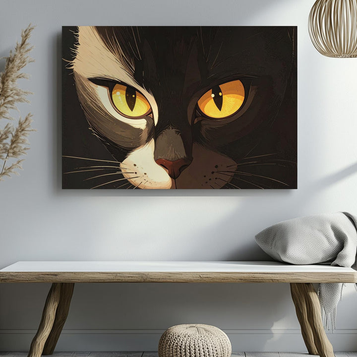Glowing Cat Eyes Minimalist Canvas – Eerie Black Cat Halloween Art - Gifitto