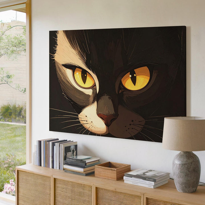 Glowing Cat Eyes Minimalist Canvas – Eerie Black Cat Halloween Art - Gifitto
