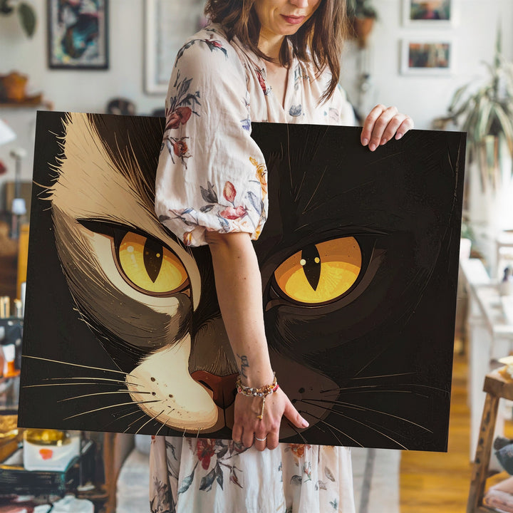 Glowing Cat Eyes Minimalist Canvas – Eerie Black Cat Halloween Art - Gifitto