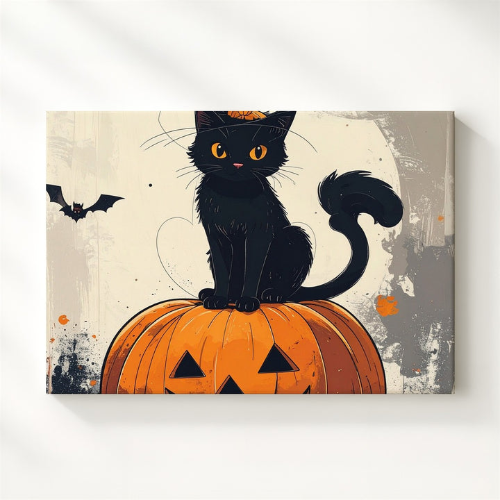 Black Kitten on Pumpkin Canvas – Minimalist Whimsical Halloween Art - Gifitto