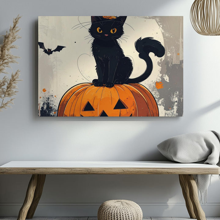 Black Kitten on Pumpkin Canvas – Minimalist Whimsical Halloween Art - Gifitto
