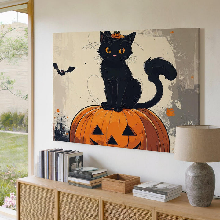 Black Kitten on Pumpkin Canvas – Minimalist Whimsical Halloween Art - Gifitto