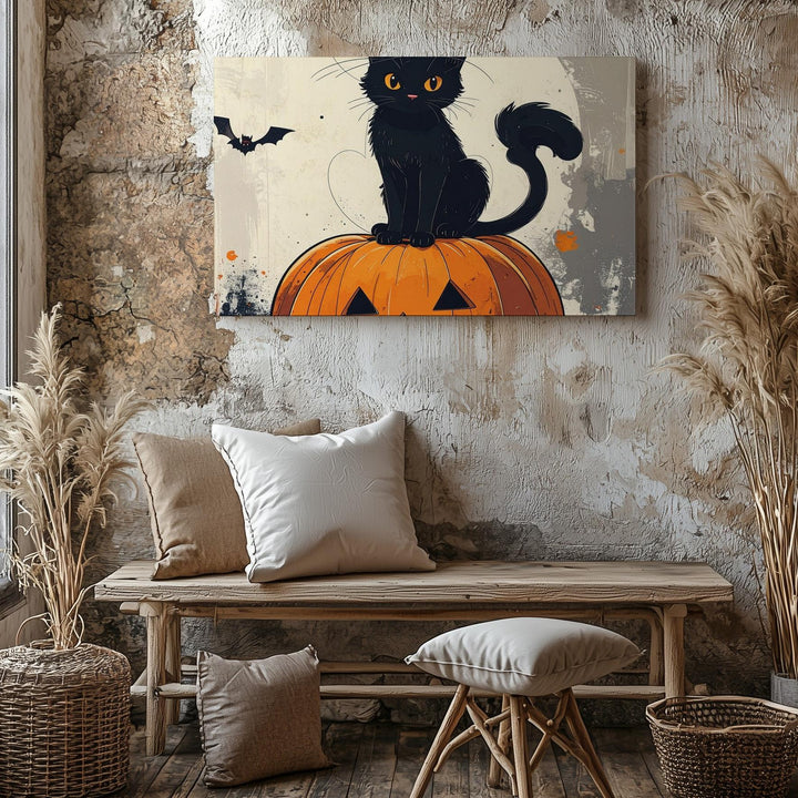 Black Kitten on Pumpkin Canvas – Minimalist Whimsical Halloween Art - Gifitto