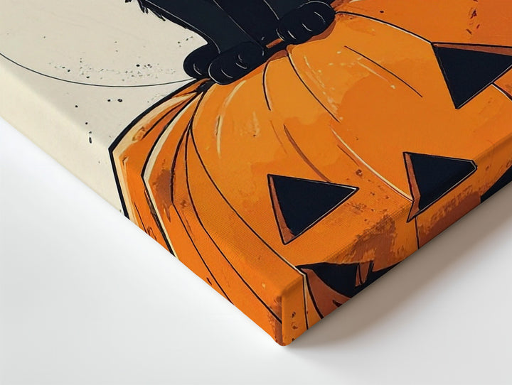 Black Kitten on Pumpkin Canvas – Minimalist Whimsical Halloween Art - Gifitto