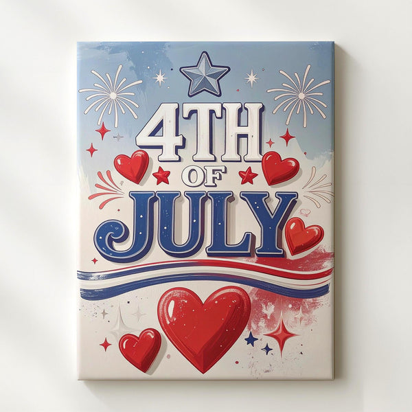 Retro 4th of July Canvas – Minimalist Blue Text with Hearts & Starbursts - Gifitto