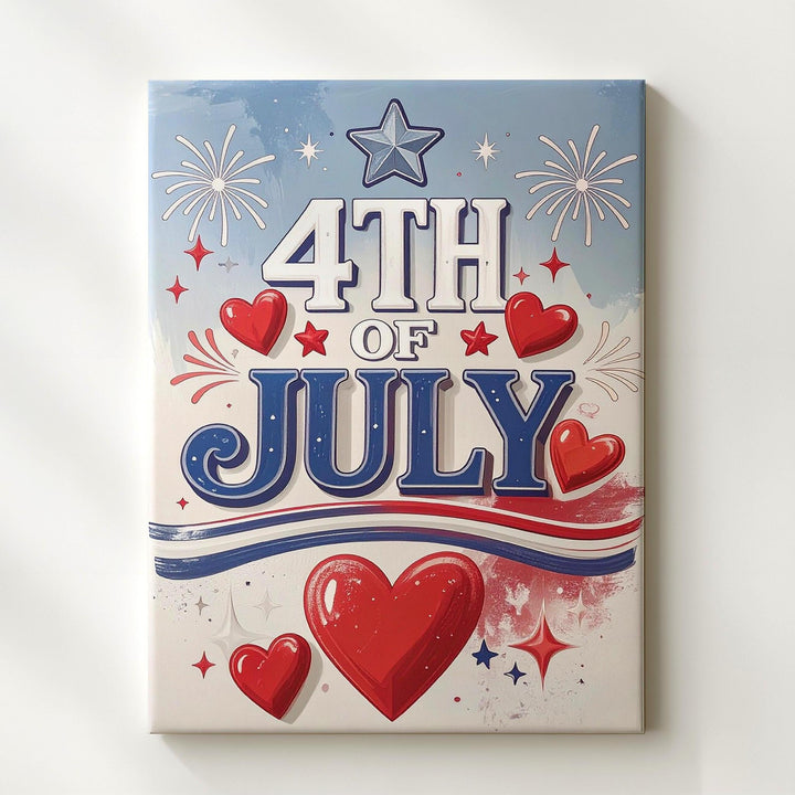Retro 4th of July Canvas – Minimalist Blue Text with Hearts & Starbursts - Gifitto