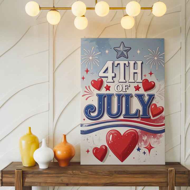 Retro 4th of July Canvas – Minimalist Blue Text with Hearts & Starbursts - Gifitto