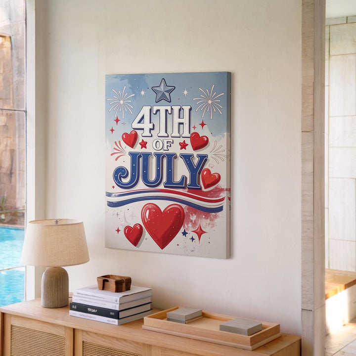 Retro 4th of July Canvas – Minimalist Blue Text with Hearts & Starbursts - Gifitto