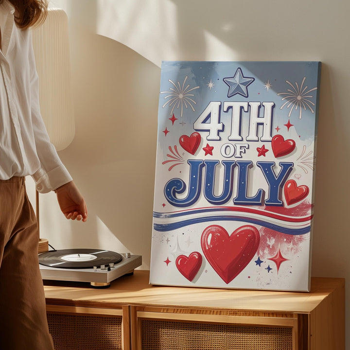 Retro 4th of July Canvas – Minimalist Blue Text with Hearts & Starbursts - Gifitto