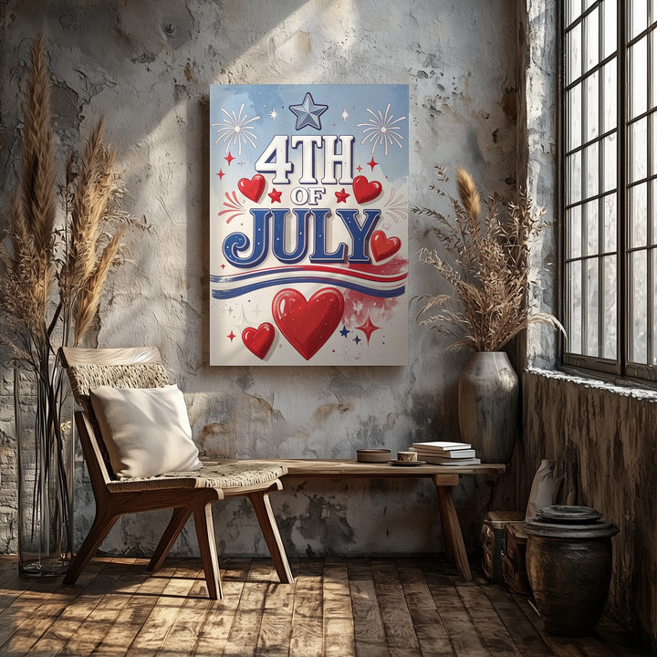 Retro 4th of July Canvas – Minimalist Blue Text with Hearts & Starbursts - Gifitto
