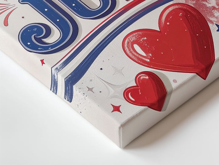 Retro 4th of July Canvas – Minimalist Blue Text with Hearts & Starbursts - Gifitto
