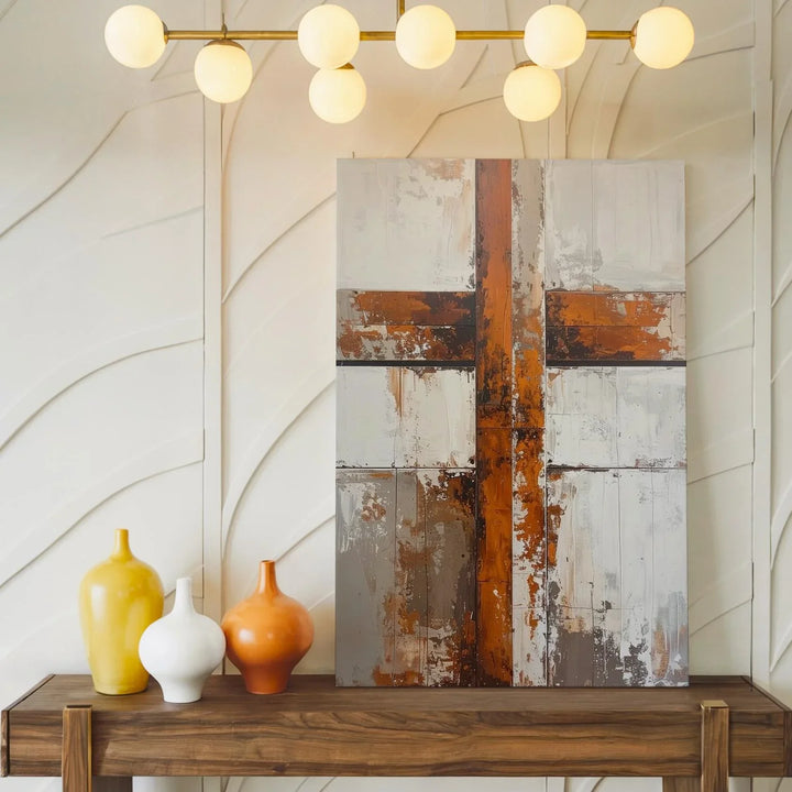 Rustic Wooden Cross Canvas – Minimalist Christian Wall Art with Earthy Texture and Aged Beauty - Gifitto