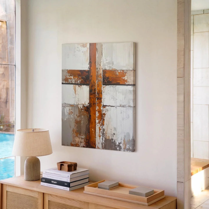 Rustic Wooden Cross Canvas – Minimalist Christian Wall Art with Earthy Texture and Aged Beauty - Gifitto